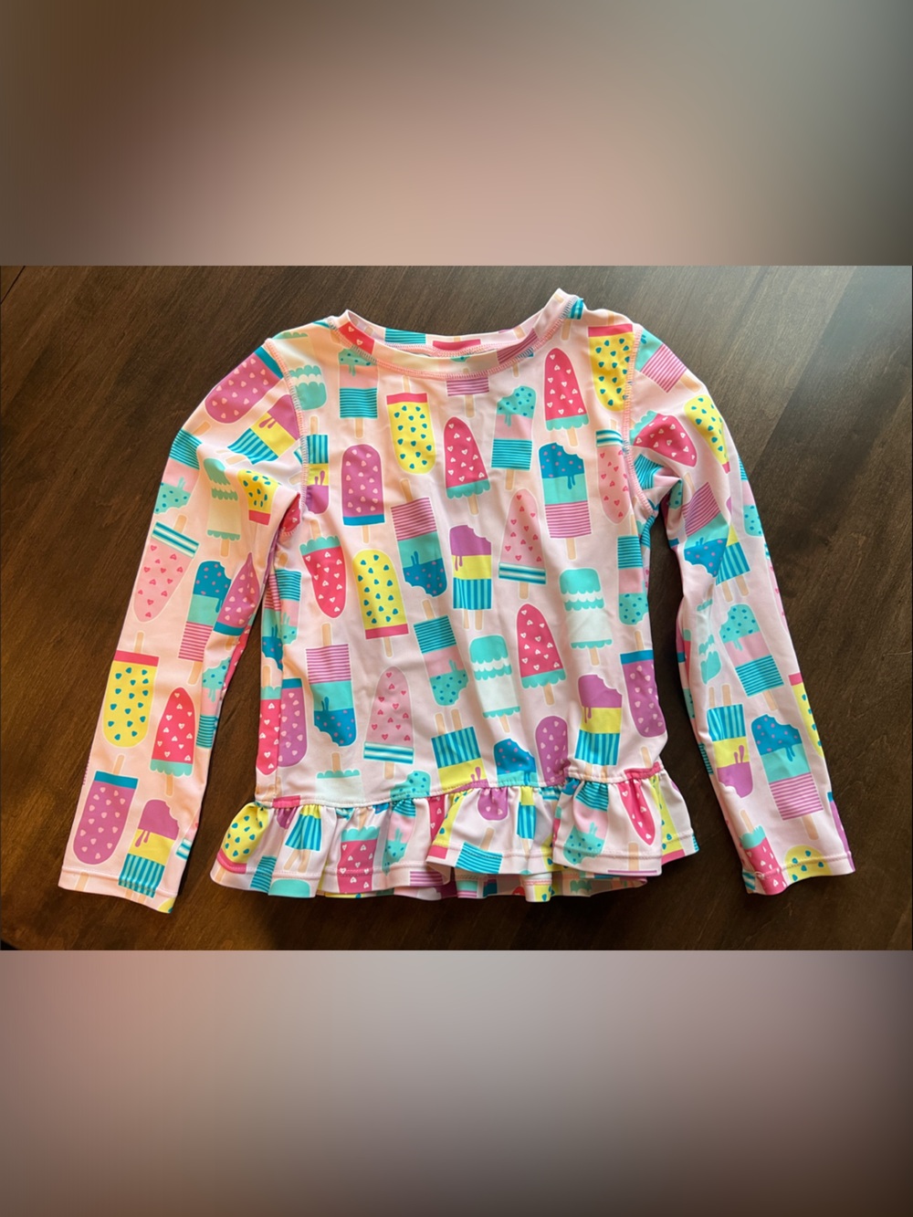 Ruffle Butts Girls' Pink Popsicle Print Rash Guard Swim Top, 7